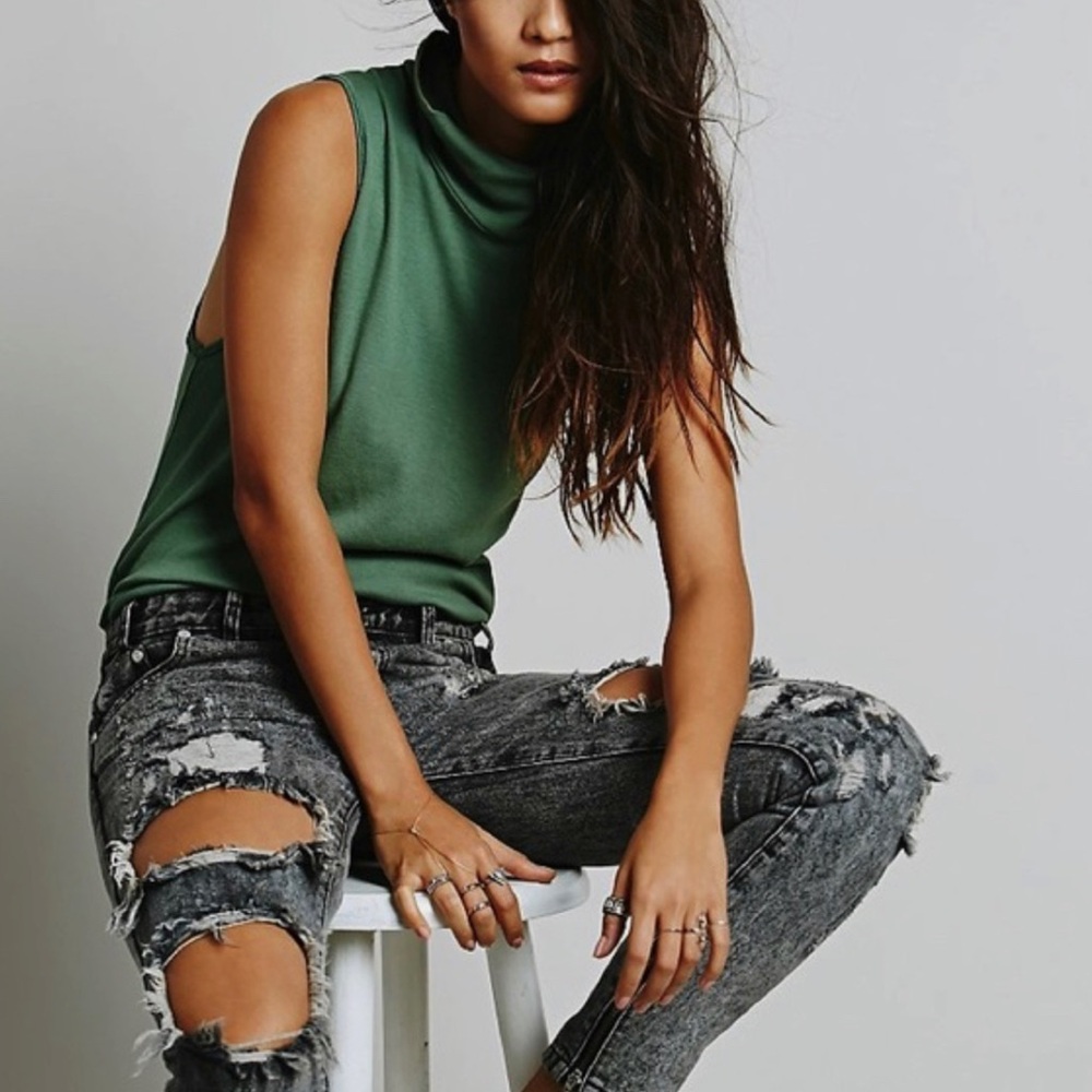 Free People Tank Top Green Sleeveless Jersey Mock Turtleneck Small Womens